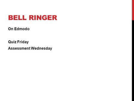 BELL RINGER On Edmodo Quiz Friday Assessment Wednesday.
