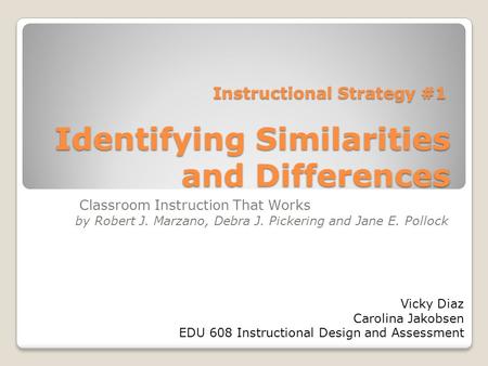 Identifying Similarities and Differences Classroom Instruction That Works by Robert J. Marzano, Debra J. Pickering and Jane E. Pollock Instructional Strategy.
