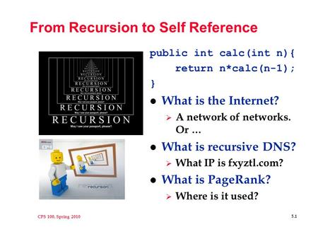 CPS 100, Spring 2010 5.1 From Recursion to Self Reference public int calc(int n){ return n*calc(n-1); } l What is the Internet?  A network of networks.