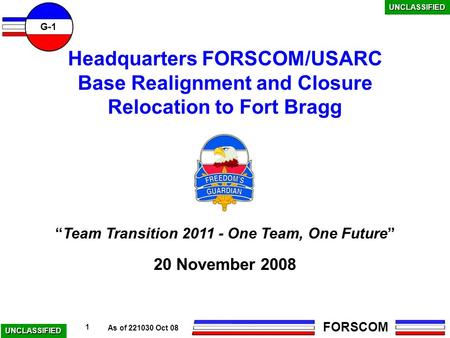 As of 221030 Oct 08 UNCLASSIFIED G-1 FORSCOM 1 “Team Transition 2011 - One Team, One Future” Headquarters FORSCOM/USARC Base Realignment and Closure Relocation.