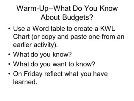 Warm-Up--What Do You Know About Budgets? Use a Word table to create a KWL Chart (or copy and paste one from an earlier activity). What do you know? What.