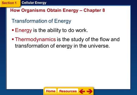 Transformation of Energy  Energy is the ability to do work. How Organisms Obtain Energy – Chapter 8 Cellular Energy  Thermodynamics is the study of.