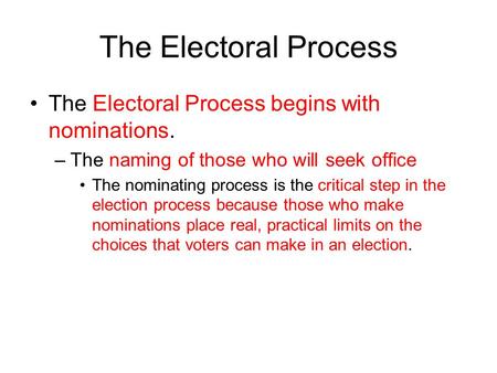 The Electoral Process The Electoral Process begins with nominations.