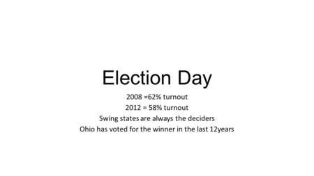 Election Day 2008 =62% turnout 2012 = 58% turnout Swing states are always the deciders Ohio has voted for the winner in the last 12years.