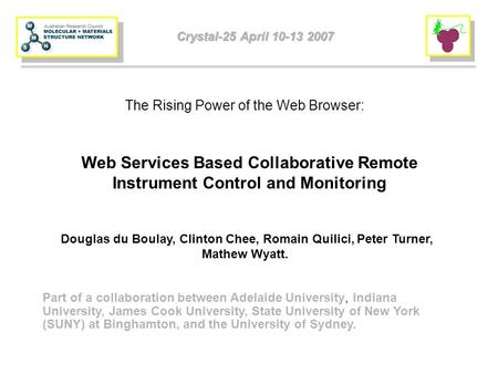 Crystal-25 April 10-13 2007 The Rising Power of the Web Browser: Douglas du Boulay, Clinton Chee, Romain Quilici, Peter Turner, Mathew Wyatt. Part of a.