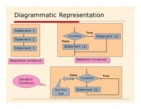 DiagrammaticRepresentation Iteration Construct False True Condition Exit from Statement (s) loop Sequence construct Selection construct Statement 1 Statement.