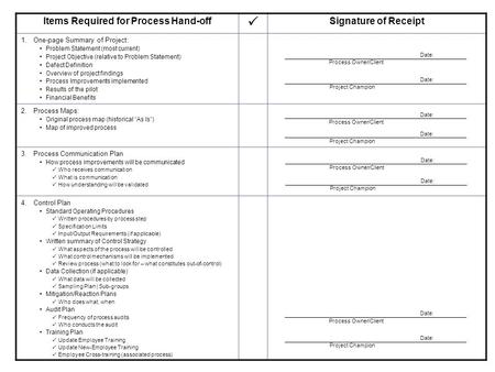 Items Required for Process Hand-off