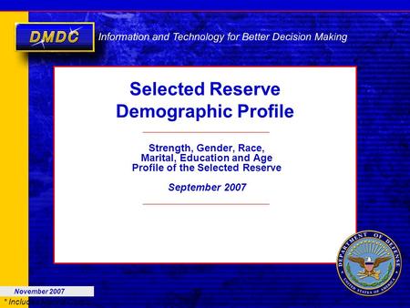 * Includes Marine Corps Selected Reserve Demographic Profile Strength, Gender, Race, Marital, Education and Age Profile of the Selected Reserve September.