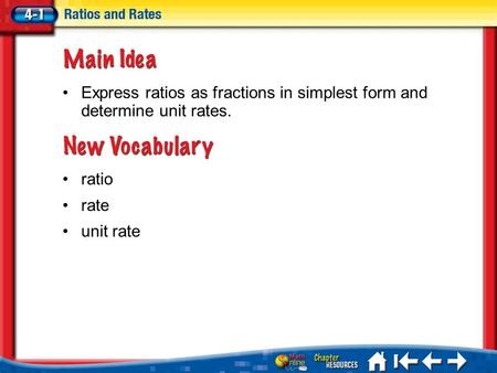 Lesson 1 MI/Vocab ratio rate unit rate Express ratios as fractions in simplest form and determine unit rates.