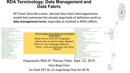 RDA Terminology: Data Management and Data Fabric Prepared for RDA 6 th Plenary Paris, Sept. 23, 2015 Gary Berg-Cross Co-Chair DFT IG, Co-organizing Chair.