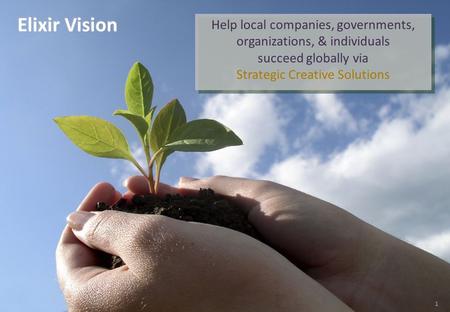 1 Elixir Vision Help local companies, governments, organizations, & individuals succeed globally via Strategic Creative Solutions.
