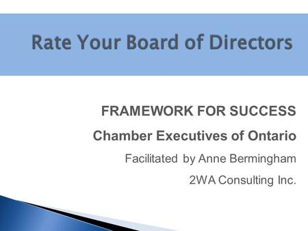 FRAMEWORK FOR SUCCESS Chamber Executives of Ontario Facilitated by Anne Bermingham 2WA Consulting Inc.