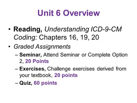 Unit 6 Overview Reading, Understanding ICD-9-CM Coding: Chapters 16, 19, 20 Graded Assignments Seminar, Attend Seminar or Complete Option 2, 20 Points.