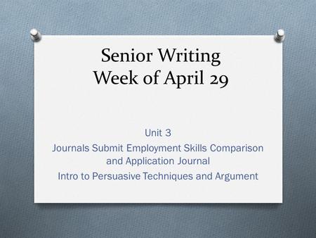 Senior Writing Week of April 29 Unit 3 Journals Submit Employment Skills Comparison and Application Journal Intro to Persuasive Techniques and Argument.