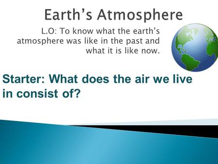 L.O: To know what the earth’s atmosphere was like in the past and what it is like now. Starter: What does the air we live in consist of?