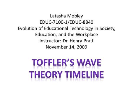 Latasha Mobley EDUC-7100-1/EDUC-8840 Evolution of Educational Technology in Society, Education, and the Workplace Instructor: Dr. Henry Pratt November.