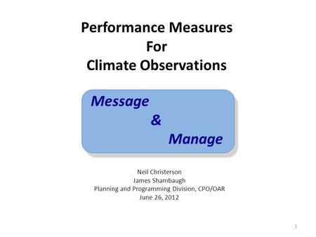 Performance Measures For Climate Observations Message & Manage Neil Christerson James Shambaugh Planning and Programming Division, CPO/OAR June 26, 2012.