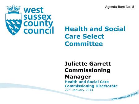 Health and Social Care Select Committee Juliette Garrett Commissioning Manager Health and Social Care Commissioning Directorate 22 nd January 2014 Agenda.