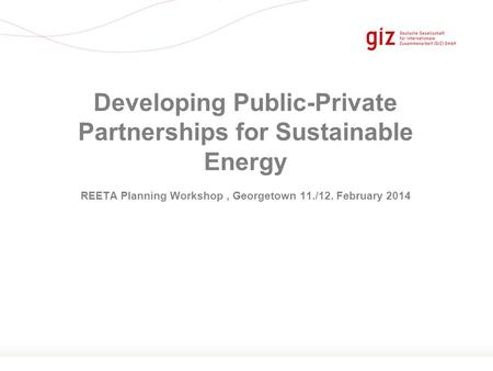 Seite 1 REETA Planning Workshop, Georgetown 11./12. February 2014 Developing Public-Private Partnerships for Sustainable Energy.