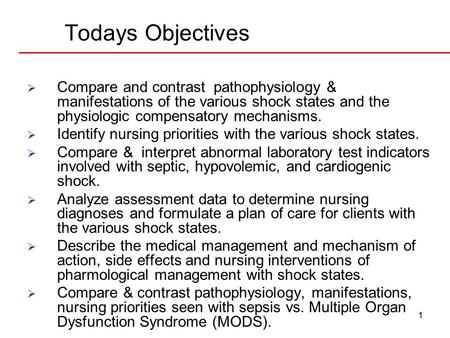 1 Todays Objectives  Compare and contrast pathophysiology & manifestations of the various shock states and the physiologic compensatory mechanisms. 