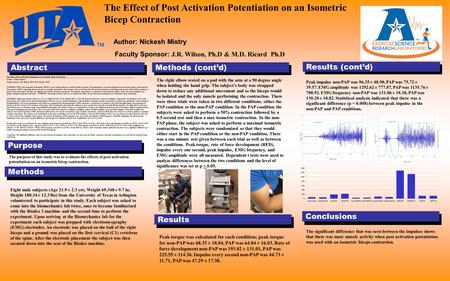 Results (cont’d) Results The Effect of Post Activation Potentiation on an Isometric Bicep Contraction. Author: Nickesh Mistry Faculty Sponsor: J.R. Wilson,