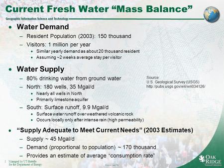1Managed by UT-Battelle for the Department of Energy Overview_kpt_0730 Current Fresh Water “Mass Balance”  Water Demand –Resident Population (2003): 150.