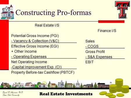 Real Estate Investments David M. Harrison, Ph.D. Texas Tech University Constructing Pro-formas Real Estate I/S Potential Gross Income (PGI) - Vacancy &