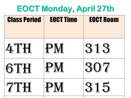 Class PeriodEOCT TimeEOCT Room 4thPM313 6th PM307 7thPM315 EOCT Monday, April 27th.