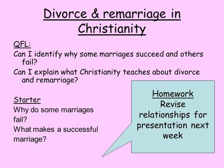 Divorce & remarriage in Christianity QFL: Can I identify why some marriages succeed and others fail? Can I explain what Christianity teaches about divorce.