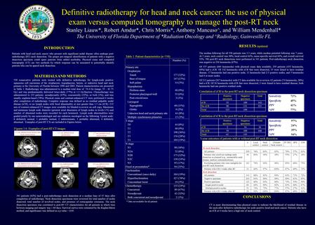 Definitive radiotherapy for head and neck cancer: the use of physical exam versus computed tomography to manage the post-RT neck Stanley Liauw*, Robert.