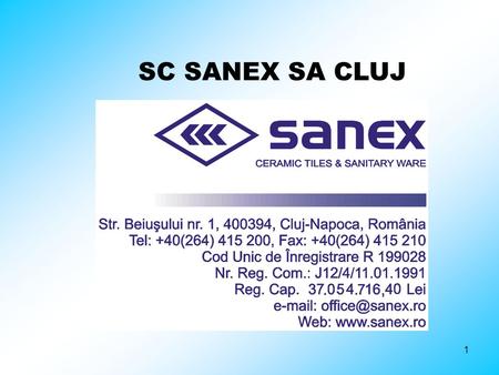 1 SC SANEX SA CLUJ. 2 3 Production and commerce of Ceramic wall and floor tiles ACTUAL CAPACITY/PRODUCTION in 2004 Wall tiles 3.6 millions square meters.