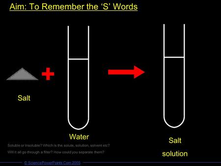 © SciencePowerPoints.Com 2005 Aim: To Remember the ‘S’ Words Salt Water Salt solution © SciencePowerPoints.Com 2005 Soluble or insoluble? Which is the.