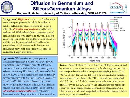 Diffusion in Germanium and Silicon-Germanium Alloys Eugene E. Haller, University of California-Berkeley, DMR 0902179 Background: Diffusion is the most.
