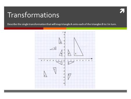  Transformations Describe the single transformation that will map triangle A onto each of the triangles B to J in turn.
