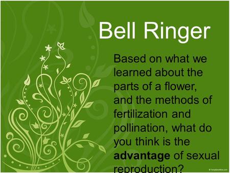 Bell Ringer Based on what we learned about the parts of a flower, and the methods of fertilization and pollination, what do you think is the advantage.