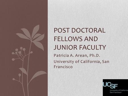 Patricia A. Arean, Ph.D. University of California, San Francisco POST DOCTORAL FELLOWS AND JUNIOR FACULTY.