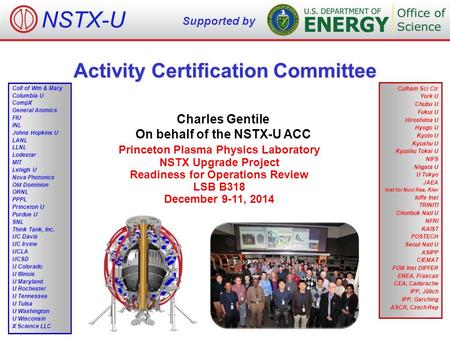 Activity Certification Committee Charles Gentile On behalf of the NSTX-U ACC Princeton Plasma Physics Laboratory NSTX Upgrade Project Readiness for Operations.