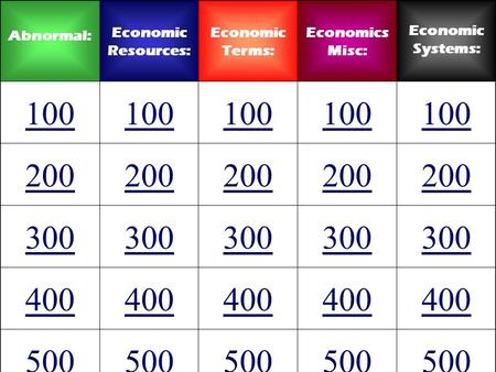 Abnormal: Economic Resources: Economic Terms: Economics Misc: Economic Systems: 100 200 300 400 500.