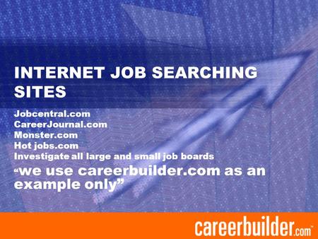 INTERNET JOB SEARCHING SITES Jobcentral.com CareerJournal.com Monster.com Hot jobs.com Investigate all large and small job boards “ we use careerbuilder.com.