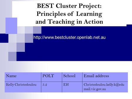 BEST Cluster Project: Principles of Learning and Teaching in Action  NamePOLTSchool address Kelly