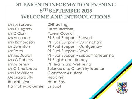 S1 PARENTS INFORMATION EVENING 8 TH SEPTEMBER 2015 WELCOME AND INTRODUCTIONS Mrs A Barbour DHT(acting) Mrs K Hegarty Head Teacher Mr D ClarkParent Council.