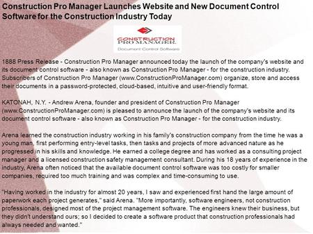 Construction Pro Manager Launches Website and New Document Control Software for the Construction Industry Today 1888 Press Release - Construction Pro Manager.
