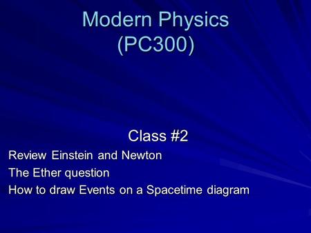 Modern Physics (PC300) Class #2 Review Einstein and Newton The Ether question How to draw Events on a Spacetime diagram.