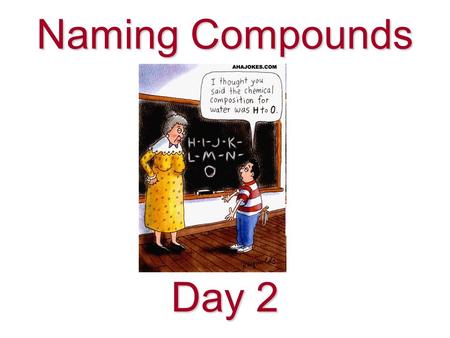 Naming Compounds Day 2. 1.Name each according to IUPAC rules: a) ZnS, b) FeCl 3, c) CaCO 3, d) P 2 O 5, e) NaCN, f) N 2 F 2, g) MgHPO 4, h) Cu(BrO 3 )