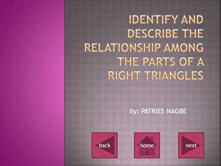 By: PATRIES NAGBE nextbackhome.  What is a right triangle ? What is a right triangle ?  What are the parts of a right triangle ?  What is a hypotenuse.