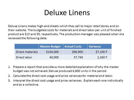 Deluxe Linens Deluxe Linens makes high-end sheets which they sell to major retail stores and on their website. The budgeted costs for materials and direct.