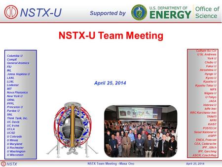 NSTX NSTX Team Meeting –Masa Ono April 25, 2014 NSTX-U Team Meeting April 25, 2014 Culham Sci Ctr U St. Andrews York U Chubu U Fukui U Hiroshima U Hyogo.