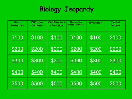 Biology Jeopardy Macro Molecules Diffusion Osmosis Cell Structure / Function Respiration Photosynthesis Evolution Central Dogma $100 $200 $300 $400 $500.
