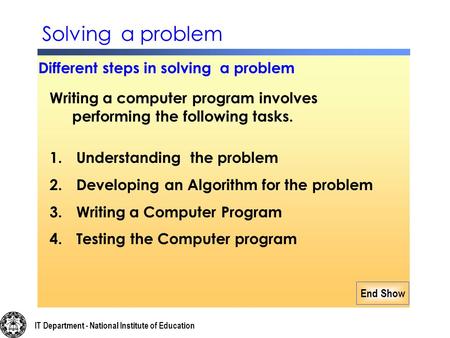 End Show Writing a computer program involves performing the following tasks. 1. Understanding the problem 2. Developing an Algorithm for the problem 3.