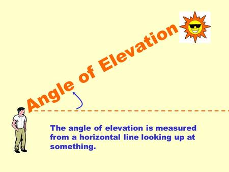 Angle of Elevation The angle of elevation is measured from a horizontal line looking up at something.